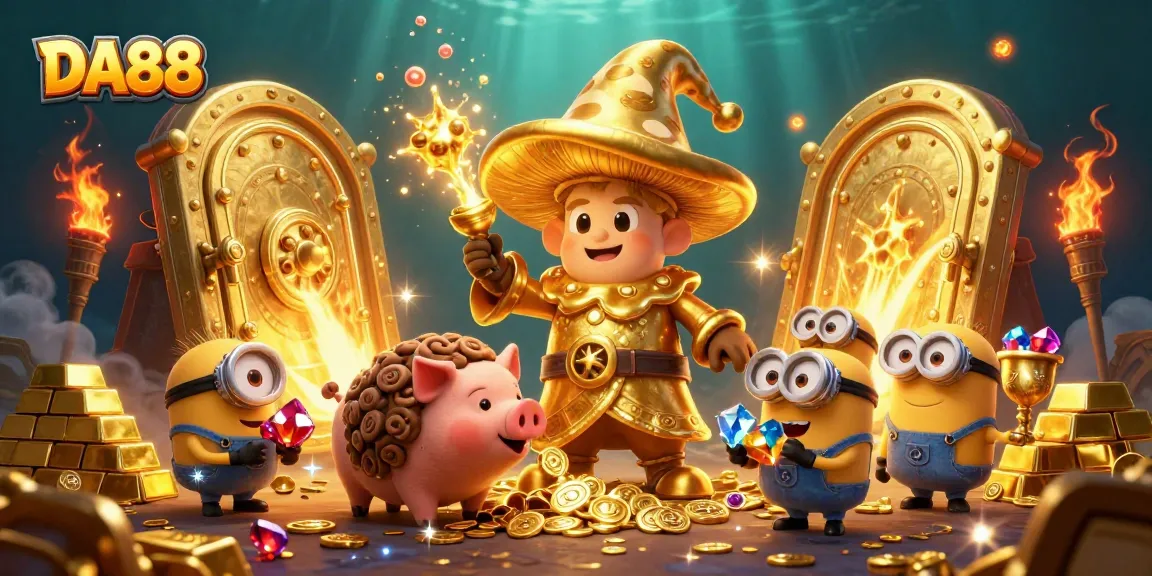 DA88 takes center stage with a magical golden wizard and treasure amidst captivating casino symbols.