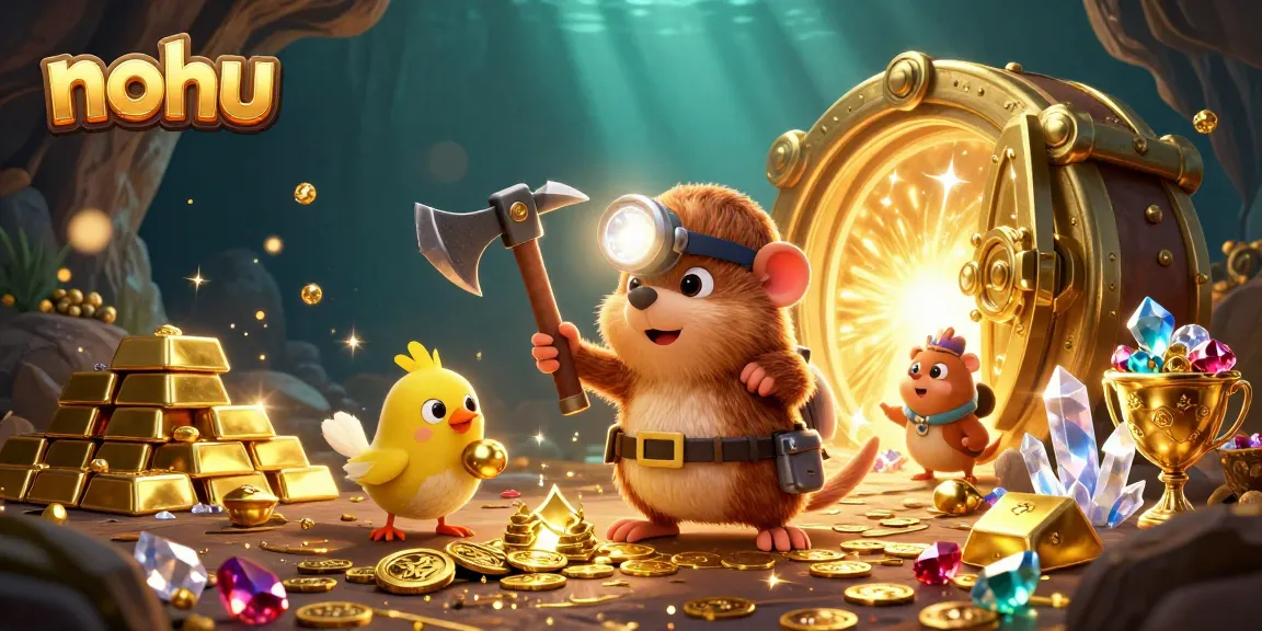 Nohu players celebrate big wins with treasure-filled fun in a dynamic 3D casino illustration.