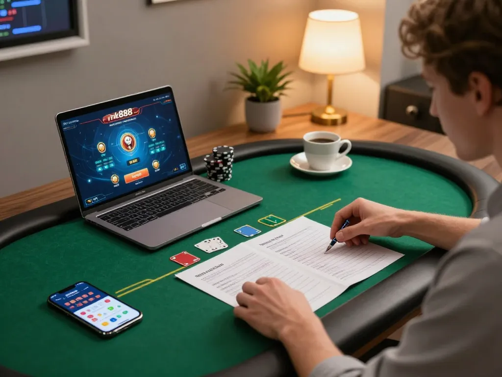 Engaging scene of a player using the nk88 app for online poker, surrounded by notes and coffee.