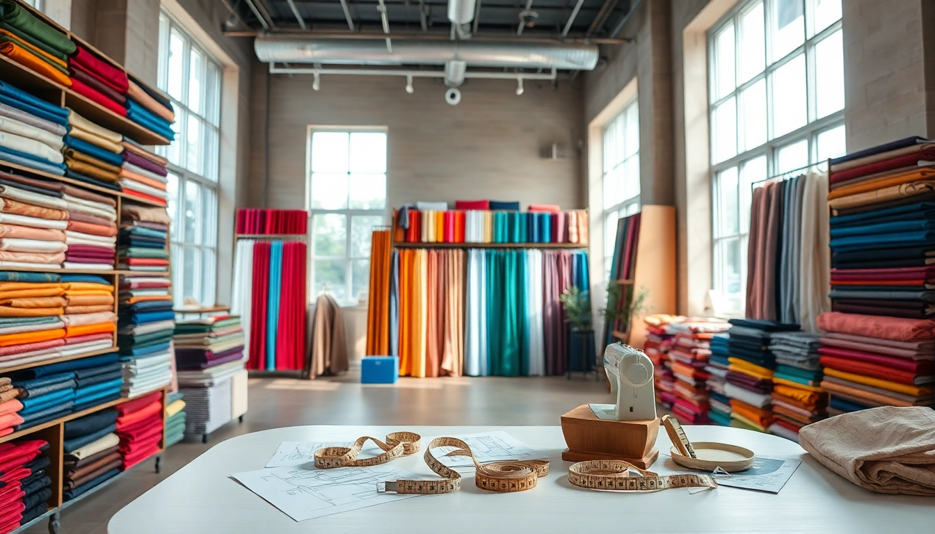 Bekijk onze stoffen winkel online met een prachtig assortiment kleurrijke stoffen op een uitnodigende display.