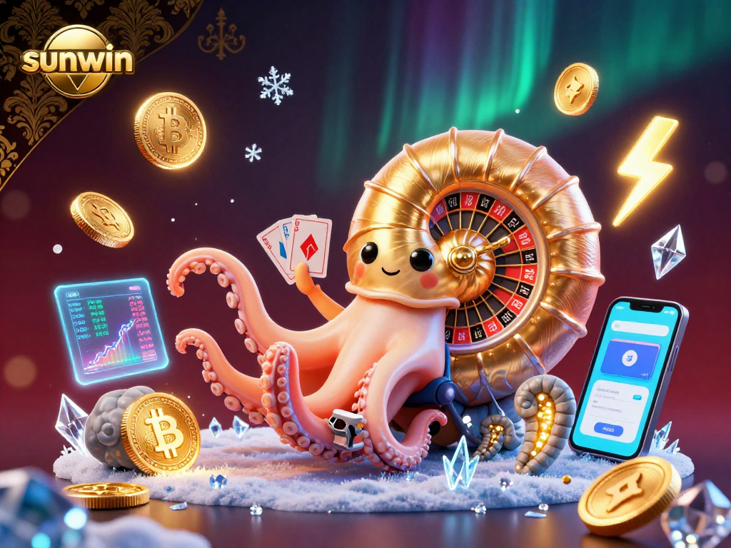 Experience the vibrant world of sunwin with a dazzling 3D casino scene featuring a giant nautilus and crypto elements.