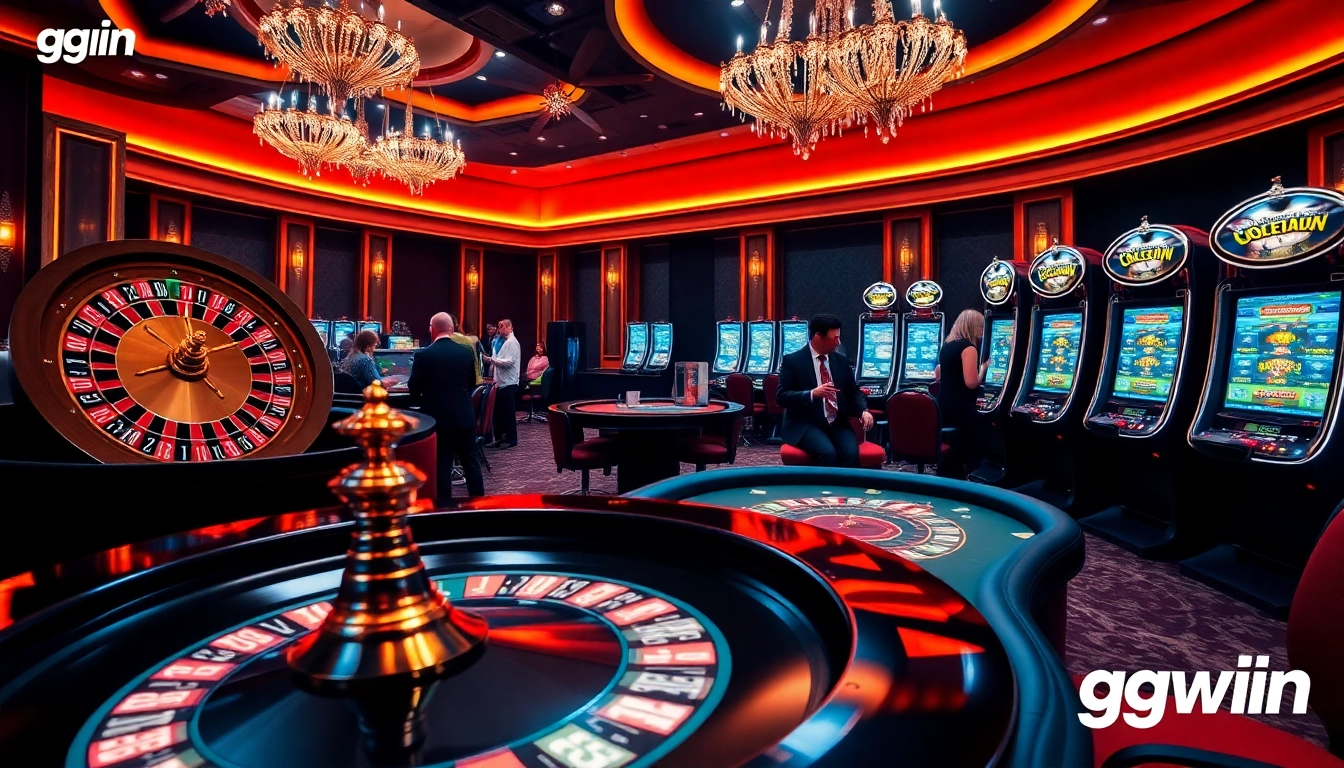 Exciting casino scene showcasing ggwin brand with roulette, poker, and slot machines