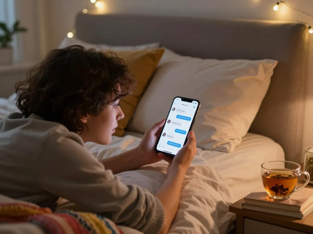 Engaging in sexting AI conversations in a cozy bedroom setting, showcasing a phone with chat interactions.