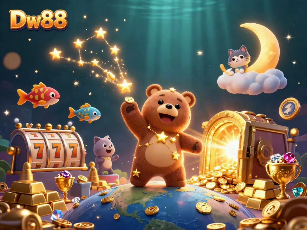 Experience thrilling winnings at Dw88 with a cartoon bear gathering coins from a treasure-filled sky.