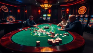 Engaged players enjoying a thrilling game of Dominoqiu at a luxurious casino table.