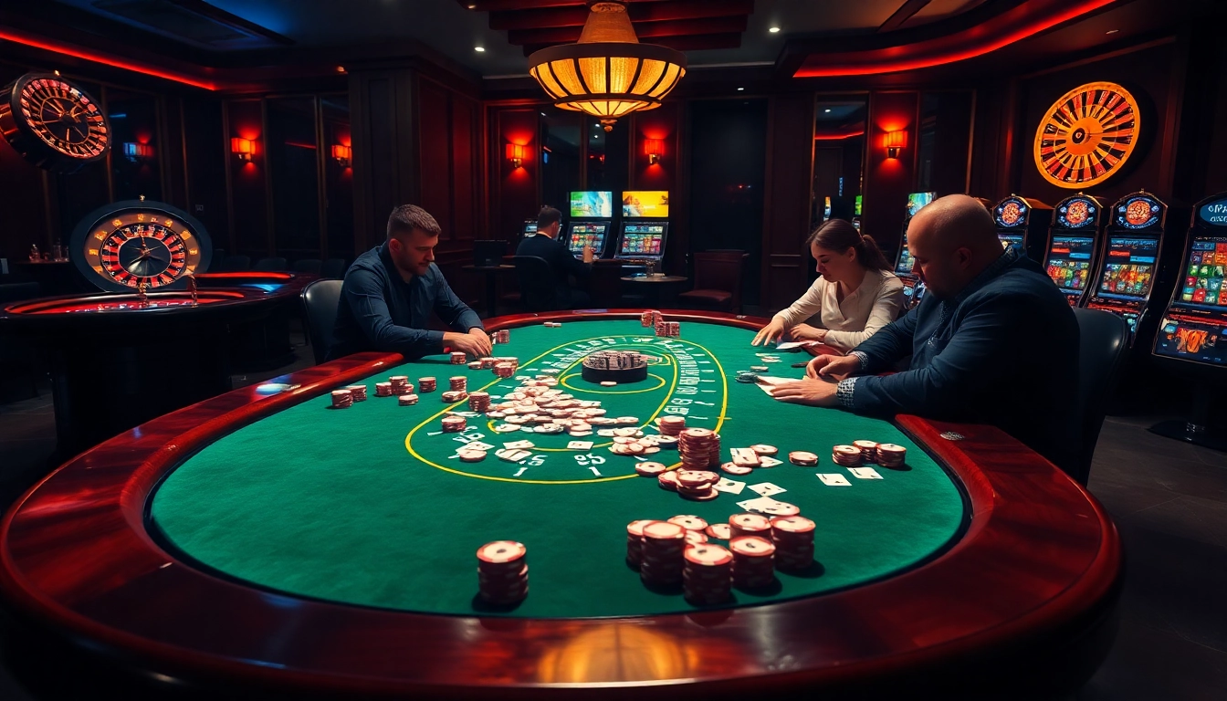 Engaged players enjoying a thrilling game of Dominoqiu at a luxurious casino table.