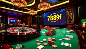 Experience excitement with 789f's engaging online gambling scene featuring poker chips and cards.