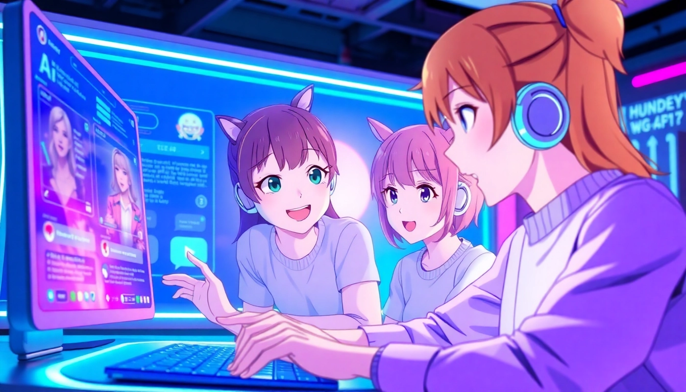 Engaging interaction in hentai AI chat with anime characters and sleek digital interface.