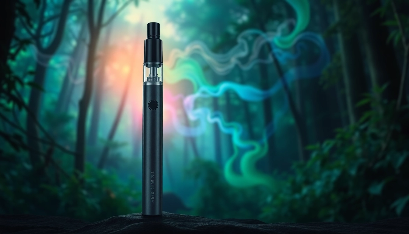 Buy DMT with a stunning DMT vape pen illuminated against a mystic forest backdrop.