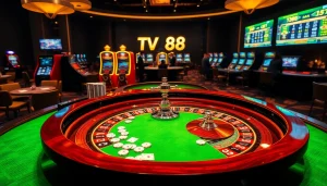 Experience premium gaming at TV88's luxurious casino with roulette, poker chips, and vibrant dealers.