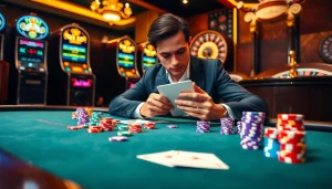 Exciting gameplay at Dominoqiu with a professional poker table setup, vibrant chips, and strategic players.