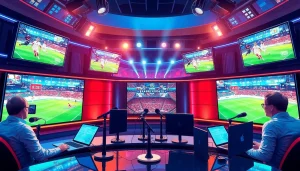 Sports Broadcasting studio with dynamic hosts and vibrant monitors displaying live sports events.