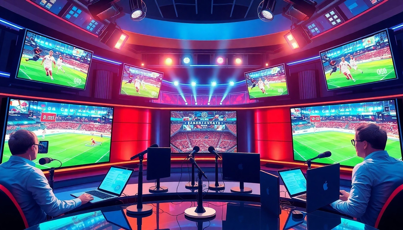 Sports Broadcasting studio with dynamic hosts and vibrant monitors displaying live sports events.