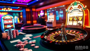 Experience the excitement of MM88 with vibrant casino elements featuring roulette and poker tables.