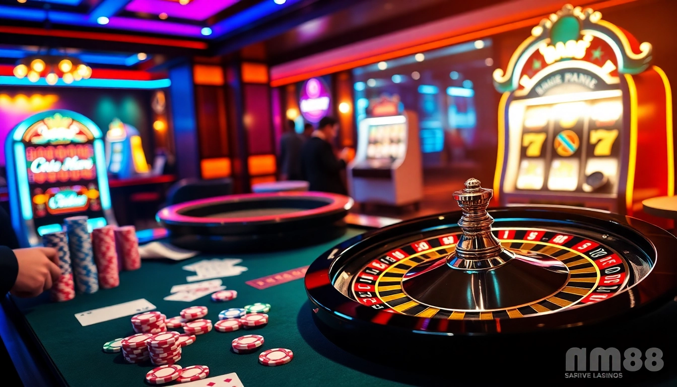 Experience the excitement of MM88 with vibrant casino elements featuring roulette and poker tables.