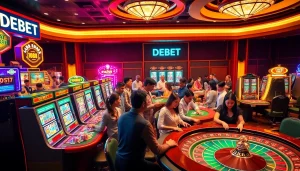 Play exciting casino games at DEBET, featuring vibrant tables, thrilling chips, and lively players.