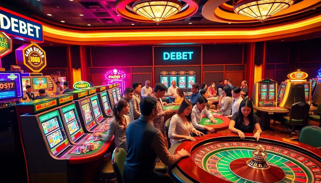 Play exciting casino games at DEBET, featuring vibrant tables, thrilling chips, and lively players.