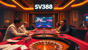 Players engaged in exciting online gambling at SV388, showcasing a luxurious casino ambiance.