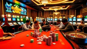 Experience high stakes at FIVE88 poker table with colorful chips and eager players.