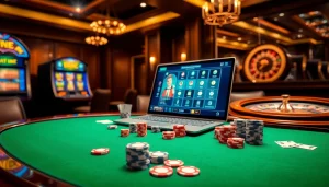 Experience Dominoqiu with an exciting online poker scene featuring vibrant casino elements.