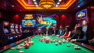 Players reveling in the excitement of free credit live22 at a vibrant online casino scene.