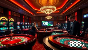 High-stakes gambling scene featuring 888vi logo, poker chips, and vibrant casino atmosphere.