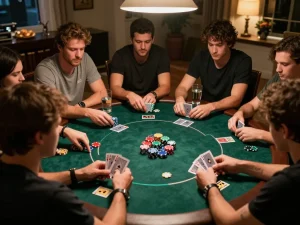 J88 players engaging in an intense poker game during a home night, capturing the thrill of strategic gambling.