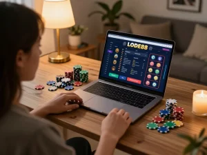 Engaging home online gaming scene displaying the LODE88 platform on a modern laptop.