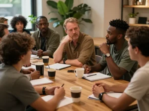 Men club gathering for support discussions in a warm environment