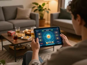 Engaging in tài xỉu online gaming on a tablet in a cozy living room.