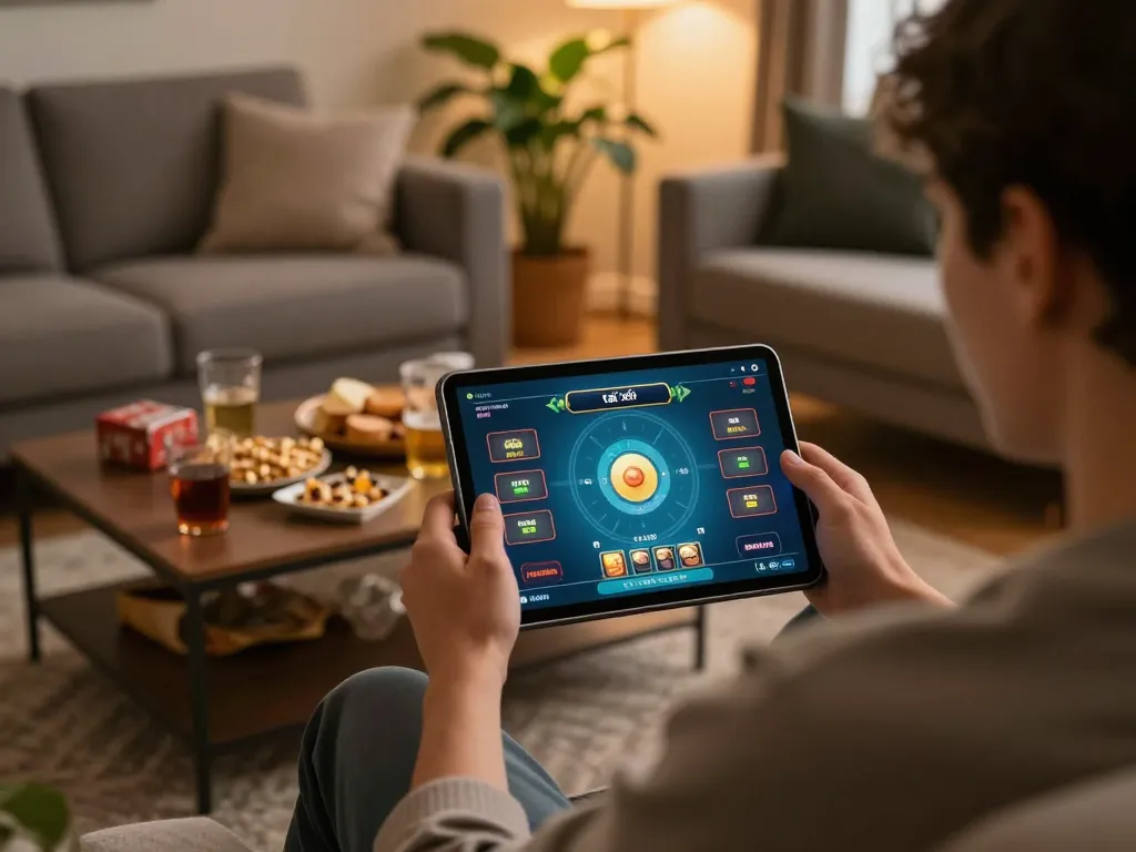 Engaging in tài xỉu online gaming on a tablet in a cozy living room.