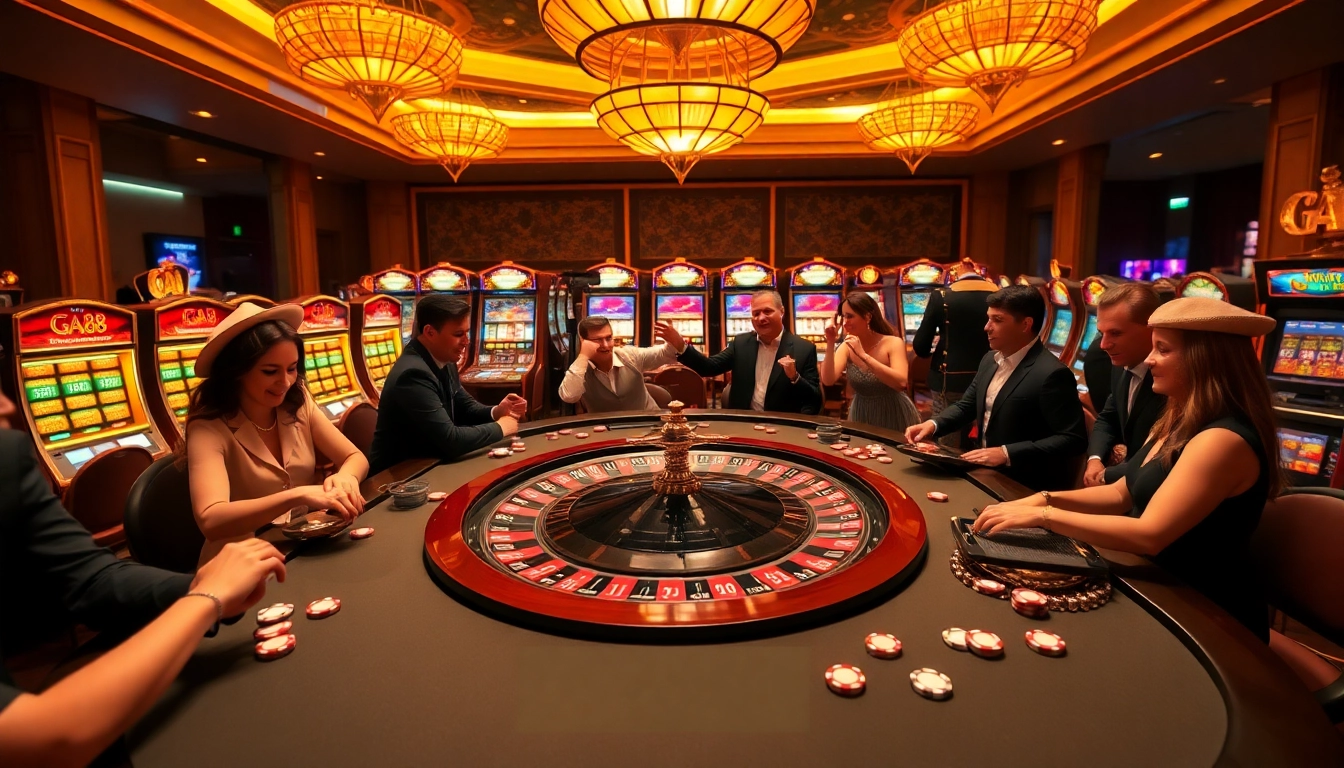 Experience the thrill of GA 88 casino gaming with players at a dynamic table full of excitement and colorful betting props.