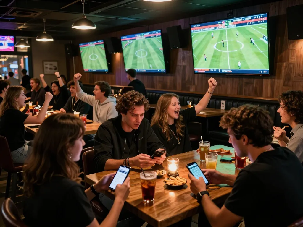 Tỷ lệ kèo nhà cái hôm nay showcased as fans cheer during live sports betting in a vibrant sports bar