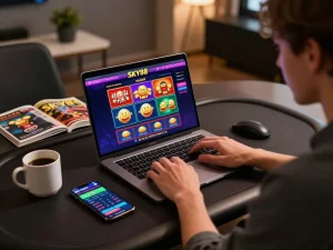 Engaged player using SKY88 online platform at stylish home setup for strategic gaming.