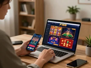 Engaging in F168 online gaming on a laptop with stylish decor and cozy atmosphere.