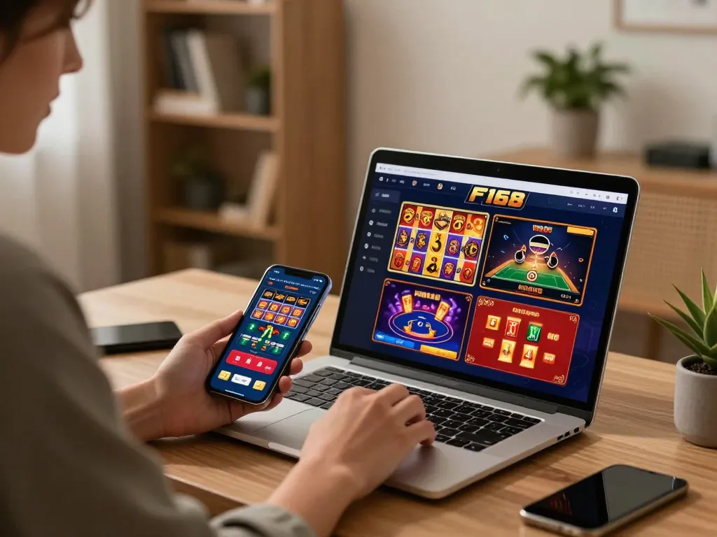 Engaging in F168 online gaming on a laptop with stylish decor and cozy atmosphere.