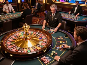 FIVE88 lively roulette gaming scene with players engaged and dealer managing bets.