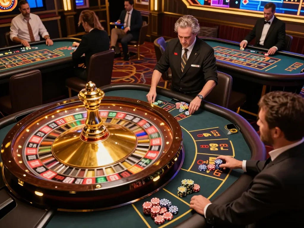FIVE88 lively roulette gaming scene with players engaged and dealer managing bets.