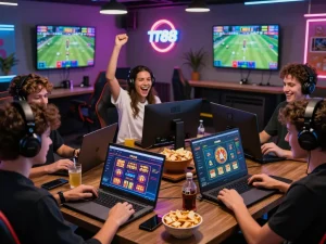 Interactive TT88 gaming scene with players enjoying casino games and sports betting in a vibrant lounge atmosphere.