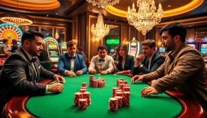 Players strategizing at a poker table in a luxurious casino, highlighting cakhia's immersive gambling experience.