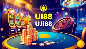 UU88 online casino featuring poker chips, slot machines, and a roulette wheel in a vibrant digital setting.