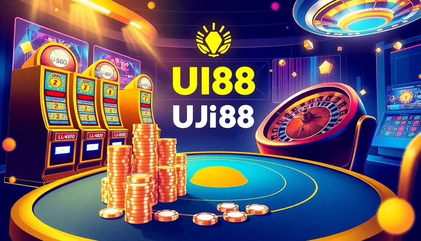 UU88 online casino featuring poker chips, slot machines, and a roulette wheel in a vibrant digital setting.