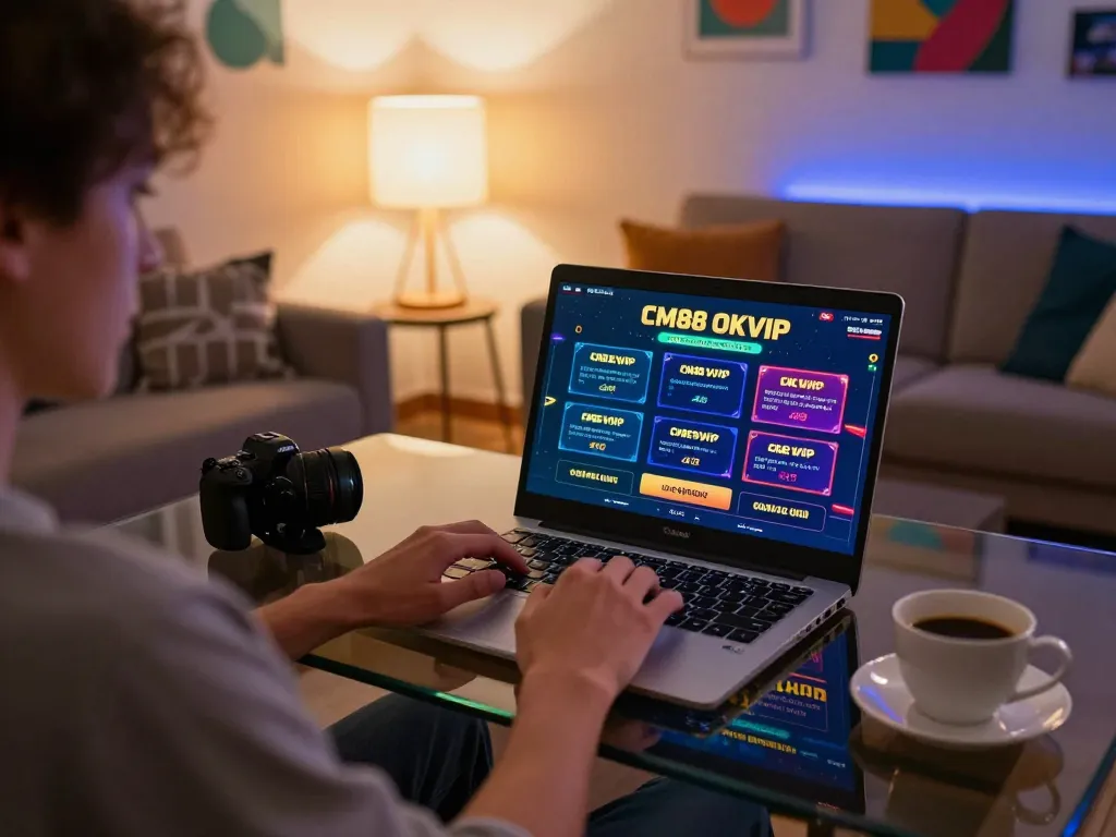 Person enjoying CM88 OKVIP gaming session on laptop in comfortable living room with strategic notes present