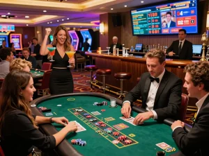 Exciting 789 club casino scene with friends around a blackjack table, vibrant atmosphere, and colorful chips.
