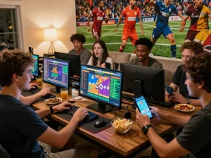 Exciting moment of friends playing lô đề online together, showcasing technology and fun.
