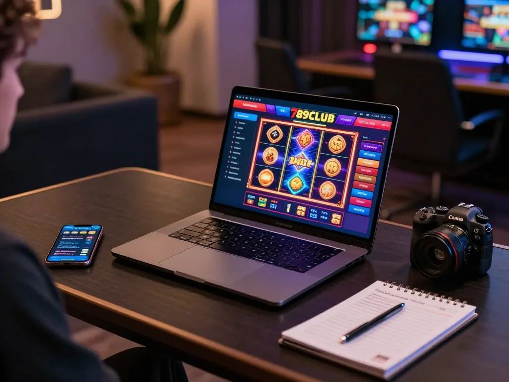 Experience thrilling gameplay with 789CLUB on a sleek gaming setup featuring colorful slot graphics.