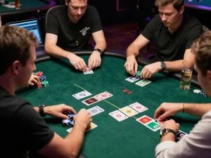 UK88 poker players strategizing with colorful chips and cards in an elegant online game.