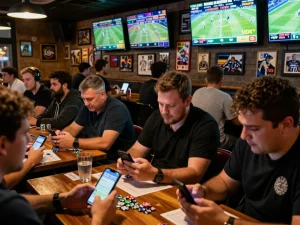 Sports betting at VIN88 with excited patrons placing bets on smartphones in a lively environment.