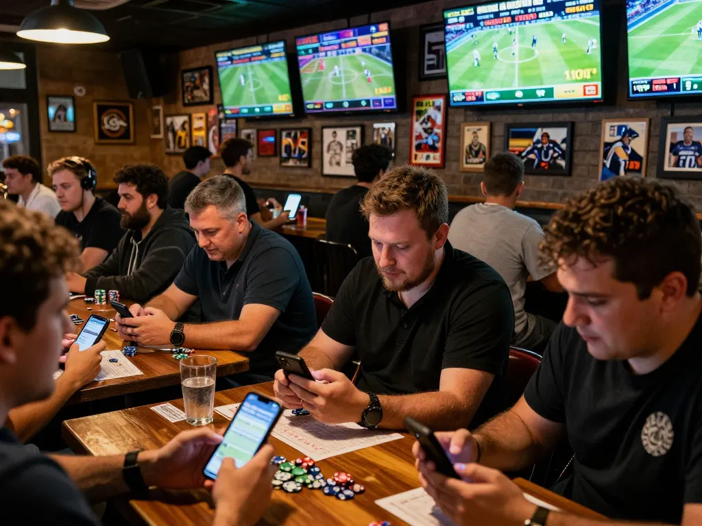 Sports betting at VIN88 with excited patrons placing bets on smartphones in a lively environment.