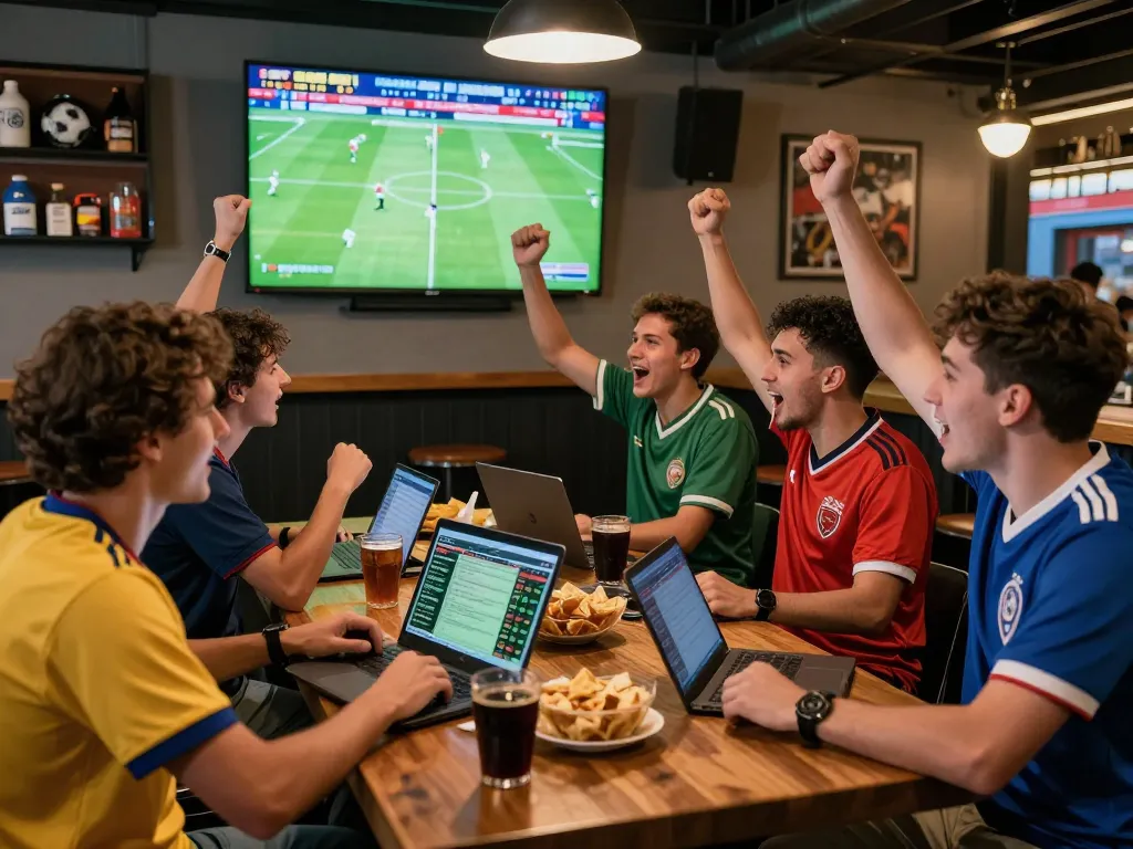 1gom sports betting analysis scene with enthusiasts cheering over live matches and betting statistics.